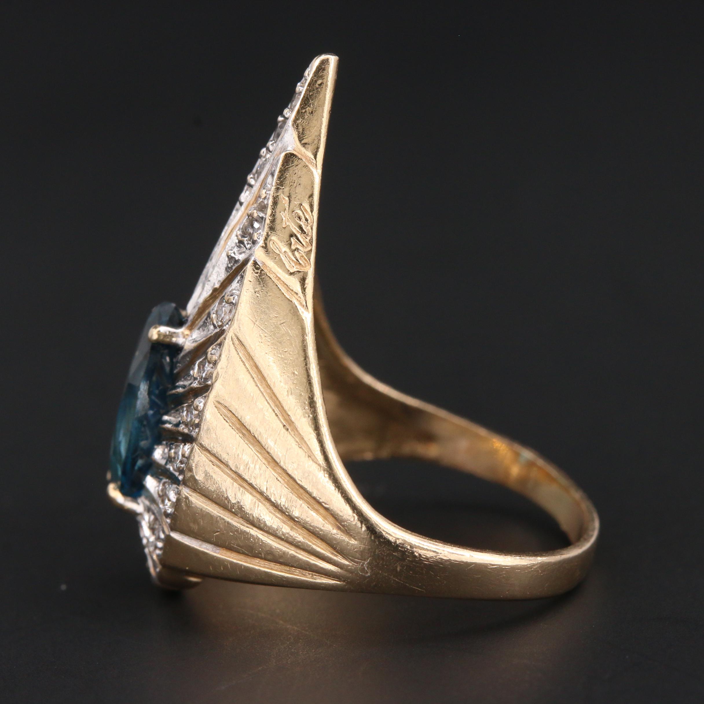 Art Deco Erté 14K Yellow Gold Blue Topaz and Diamond Peacock Ring