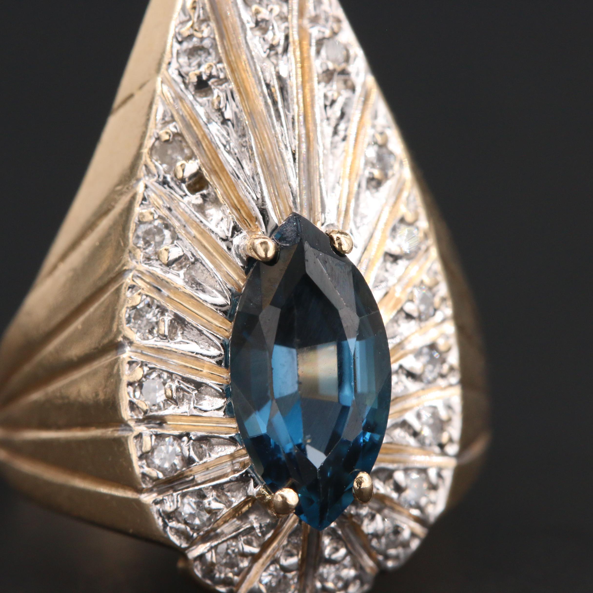 Art Deco Erté 14K Yellow Gold Blue Topaz and Diamond Peacock Ring