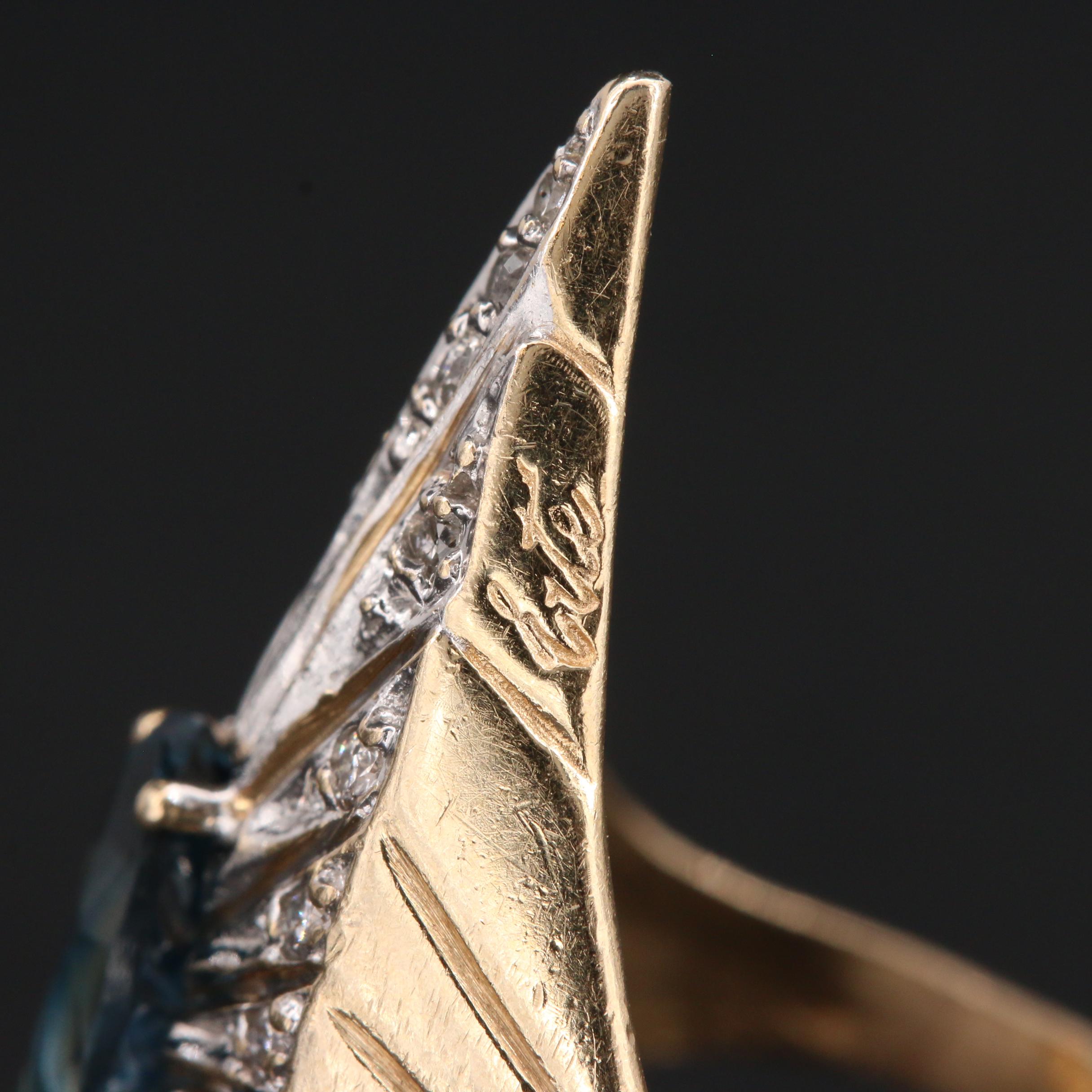 Art Deco Erté 14K Yellow Gold Blue Topaz and Diamond Peacock Ring