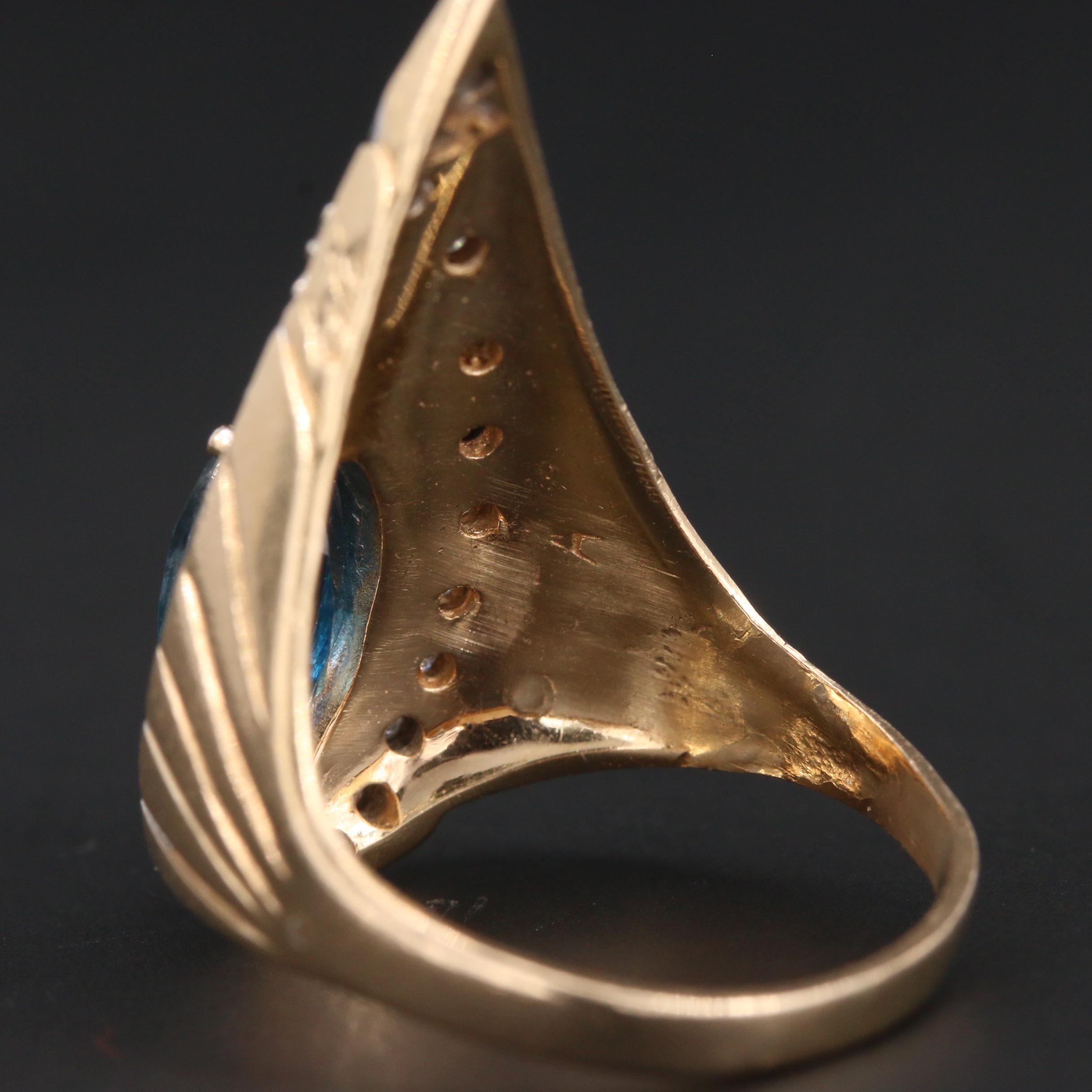 Art Deco Erté 14K Yellow Gold Blue Topaz and Diamond Peacock Ring