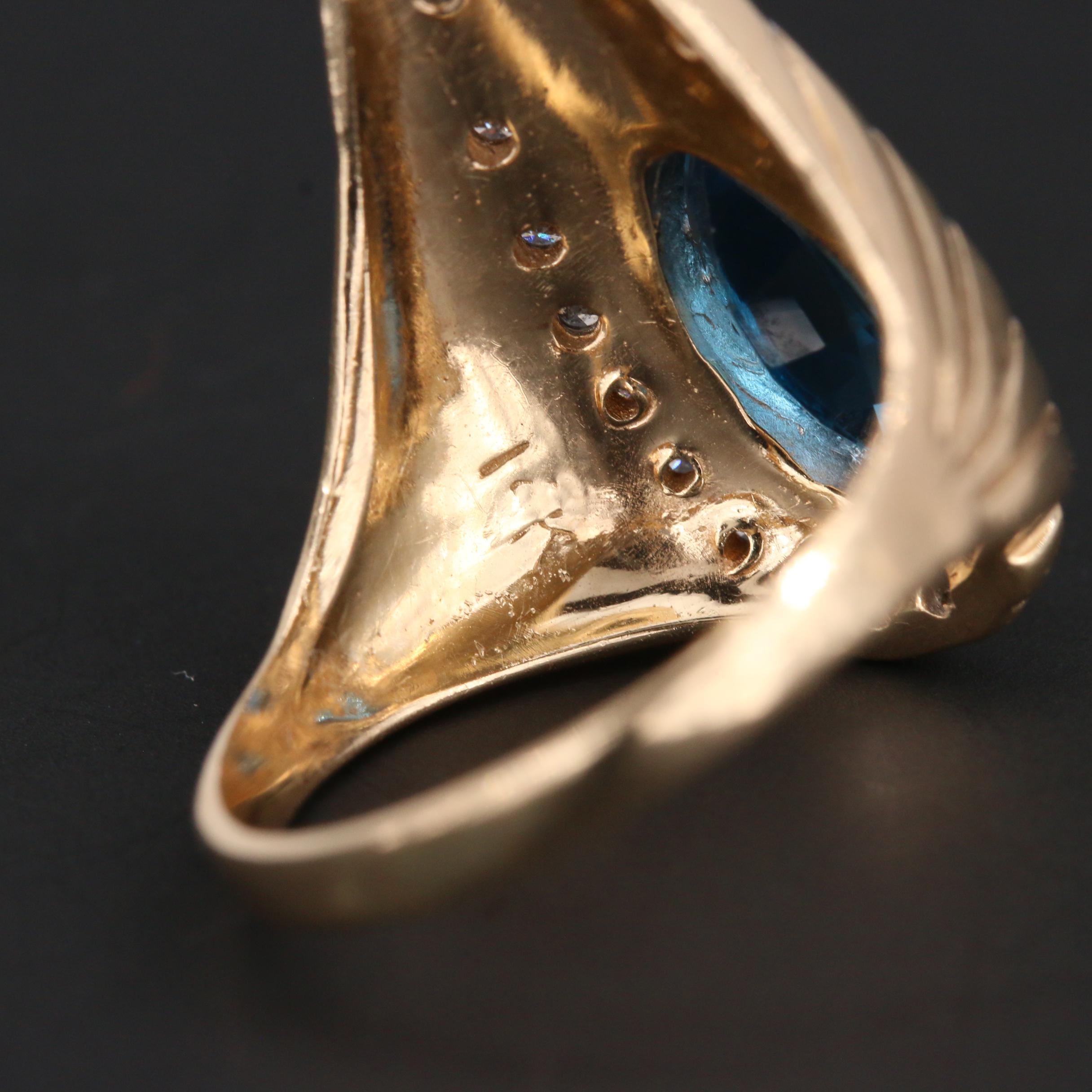 Art Deco Erté 14K Yellow Gold Blue Topaz and Diamond Peacock Ring