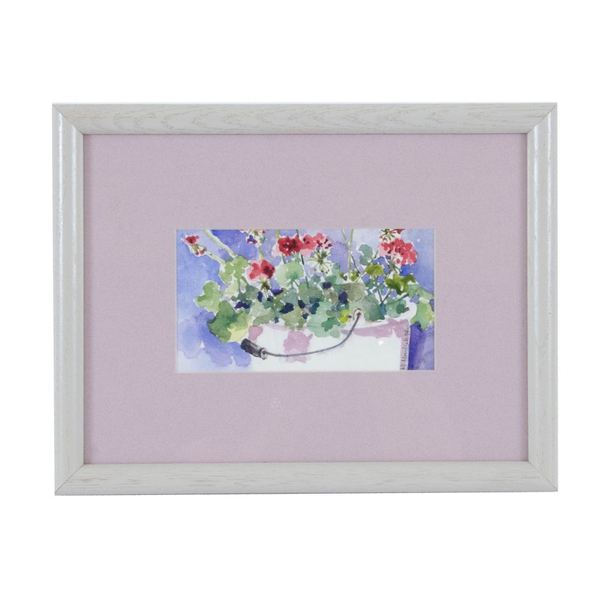 D. Nordlah Watercolor Painting of Geraniums in Basket