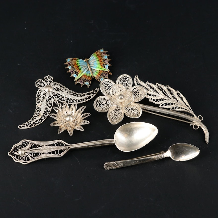 Vintage Sterling Silver Filigree Brooches Including Butterfly and Spoon