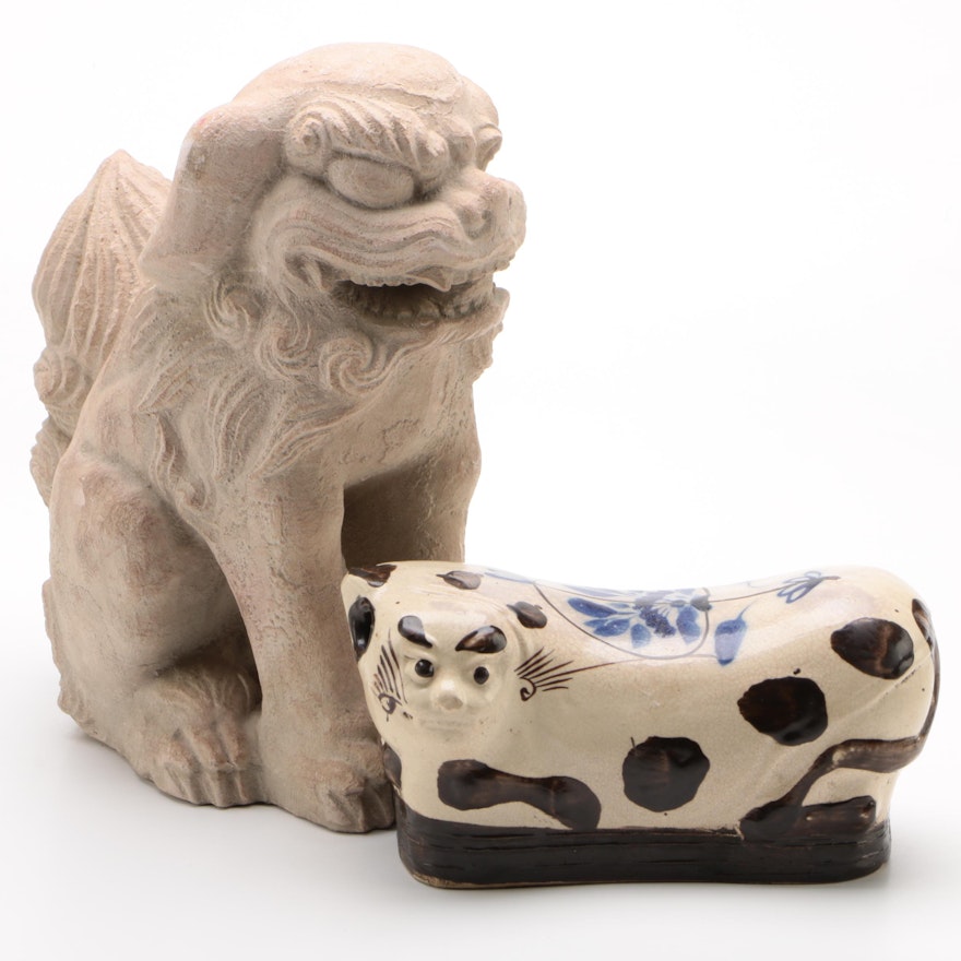 Stoneware Cat Opium Pillow and Austin Production Inc Guardian Lion-Dog Statue