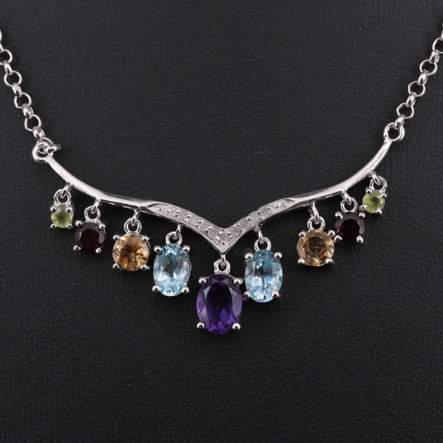 Sterling Necklace with Amethyst, Topaz, Citrine, Garnet, Peridot and Diamond