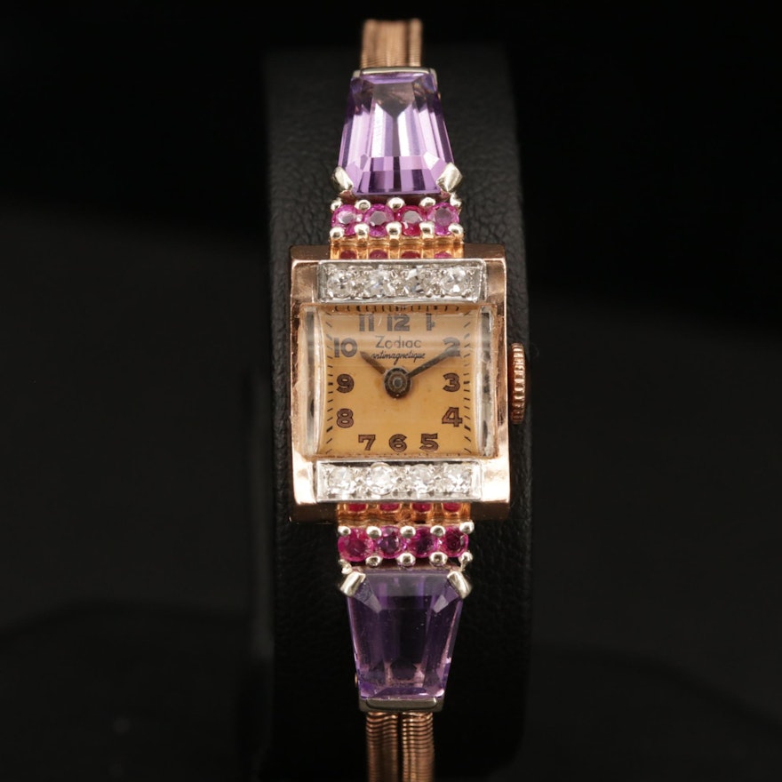 Vintage 14K Gold Zodiac Antimagnetique Diamond, Amethyst and Ruby Wristwatch