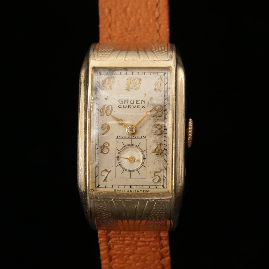 Vintage Gruen Ritside Curvex Lord Gold Filled Stem Wind Wristwatch, 1938