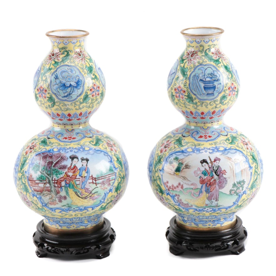 Hand-Painted Enamel Double Gourd Vases with Carved Stands
