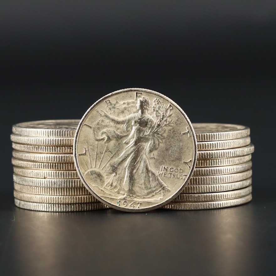 Twenty Walking Liberty Silver Half Dollars Ranging from 1937 to 1947