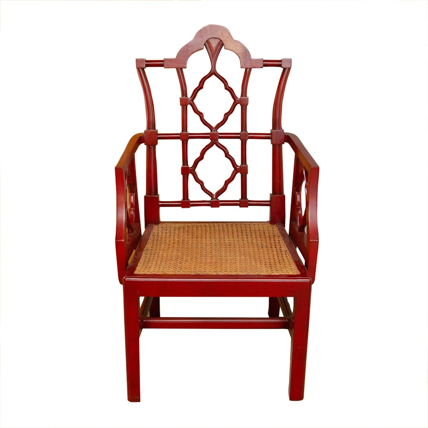 East Asian Inspired Red Armchair with Cane Seating