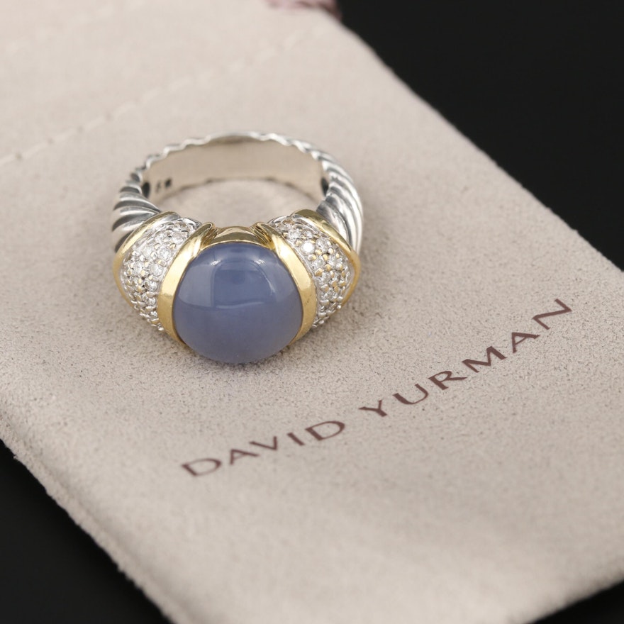 David Yurman Sterling Silver and 18K Yellow Gold Chalcedony and Diamond Ring