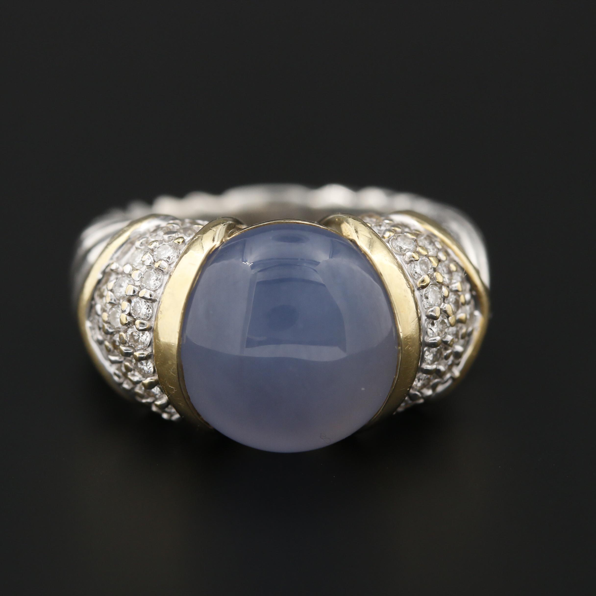 David Yurman Sterling Silver and 18K Yellow Gold Chalcedony and Diamond Ring