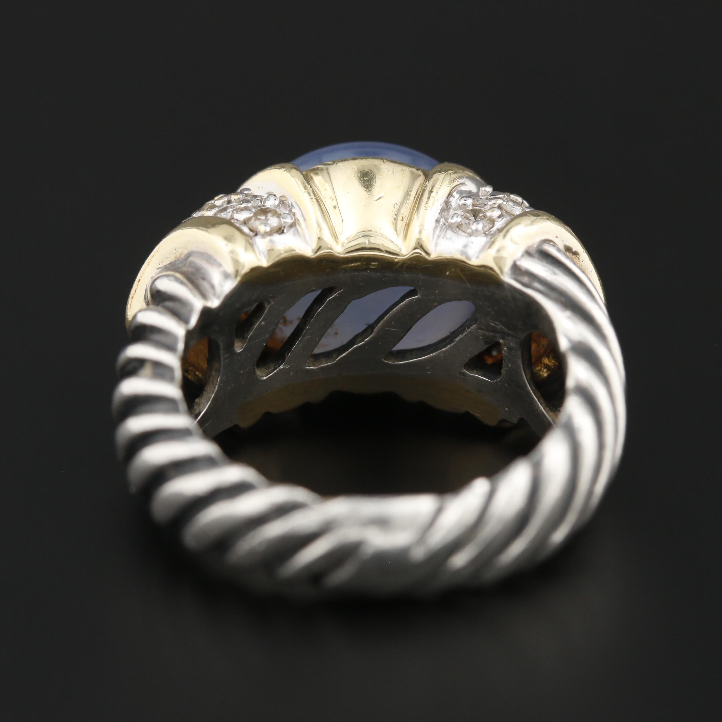 David Yurman Sterling Silver and 18K Yellow Gold Chalcedony and Diamond Ring