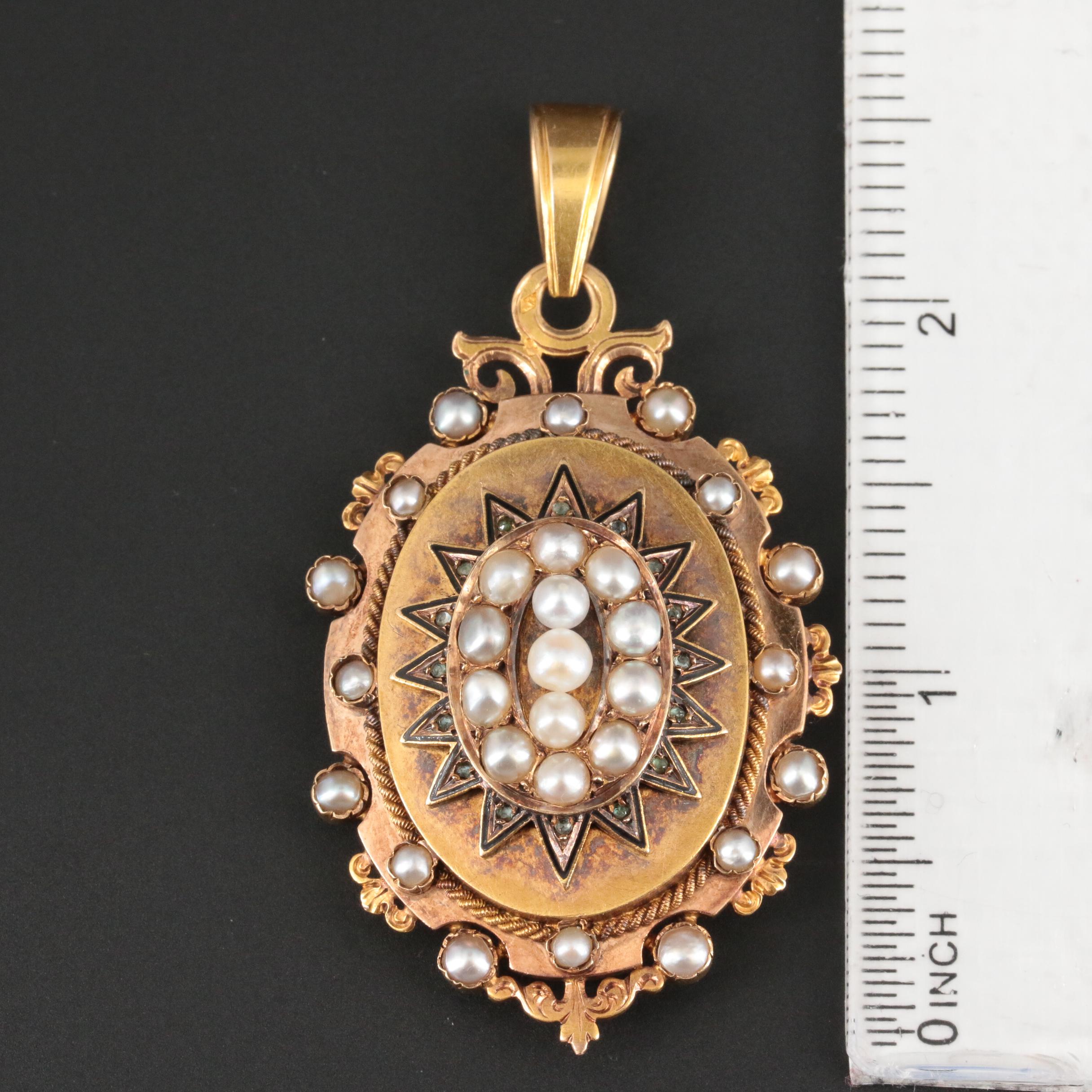 Mid-Victorian French 18K Gold Emerald, Seed Pearl and Enamel Portrait Locket