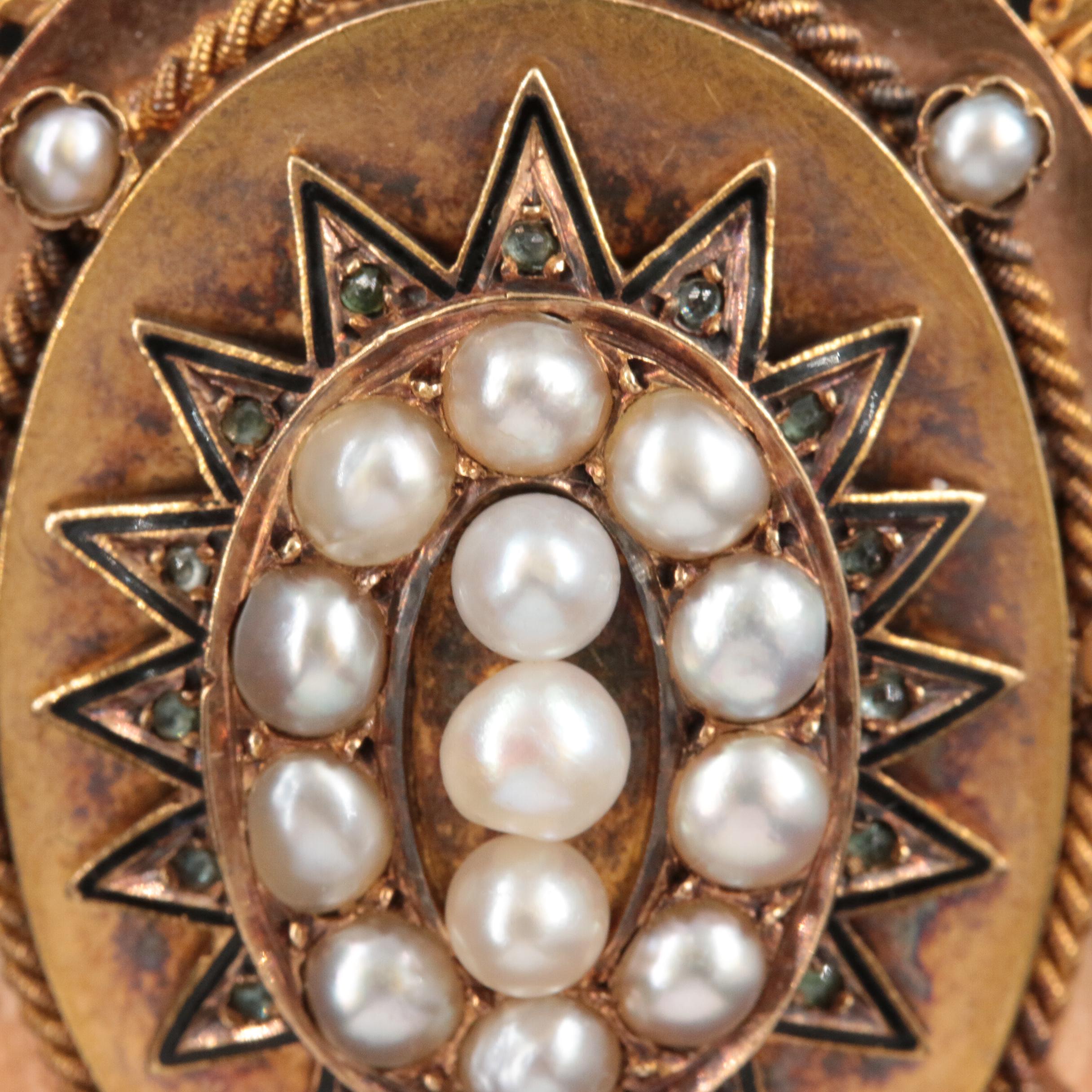 Mid-Victorian French 18K Gold Emerald, Seed Pearl and Enamel Portrait Locket