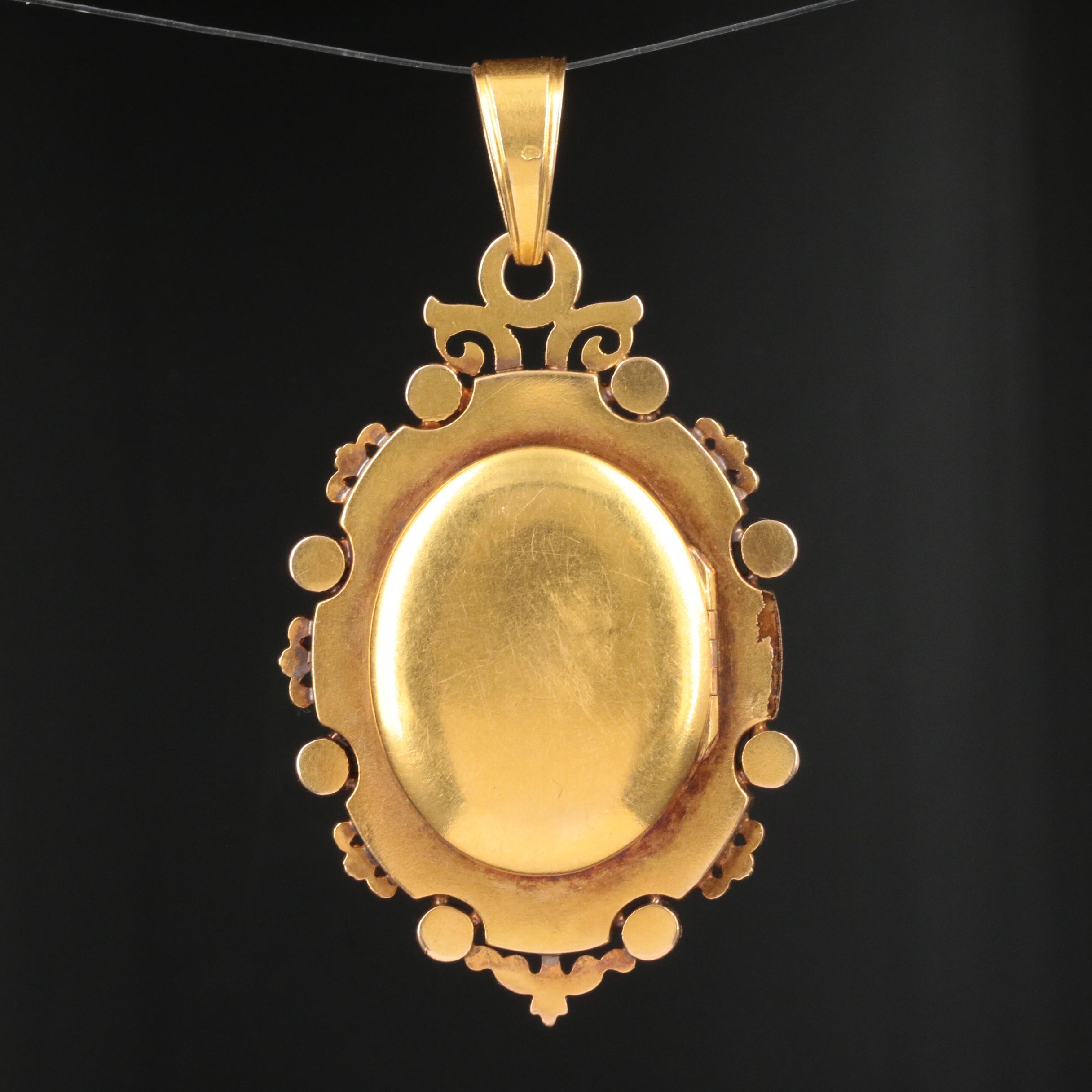 Mid-Victorian French 18K Gold Emerald, Seed Pearl and Enamel Portrait Locket