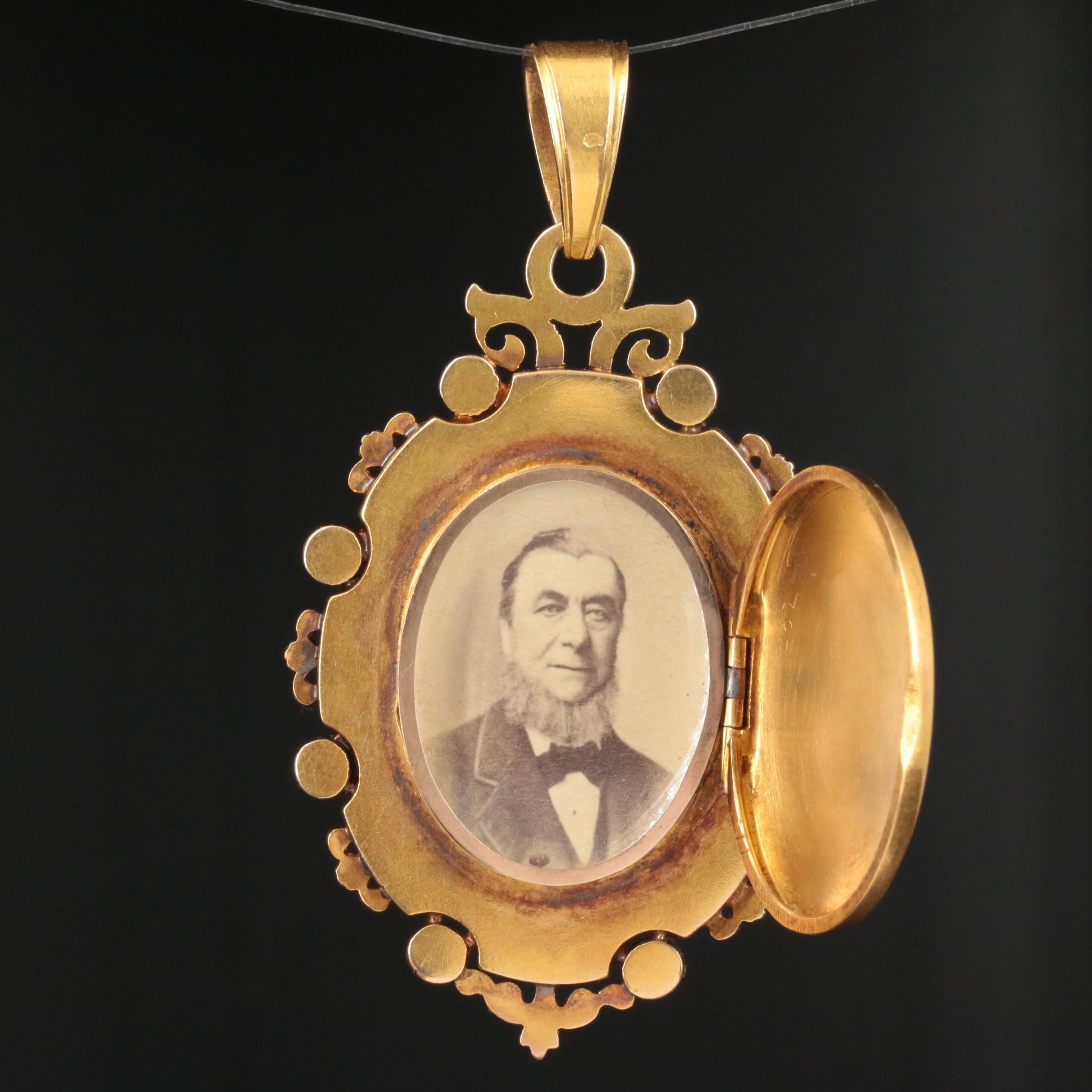 Mid-Victorian French 18K Gold Emerald, Seed Pearl and Enamel Portrait Locket