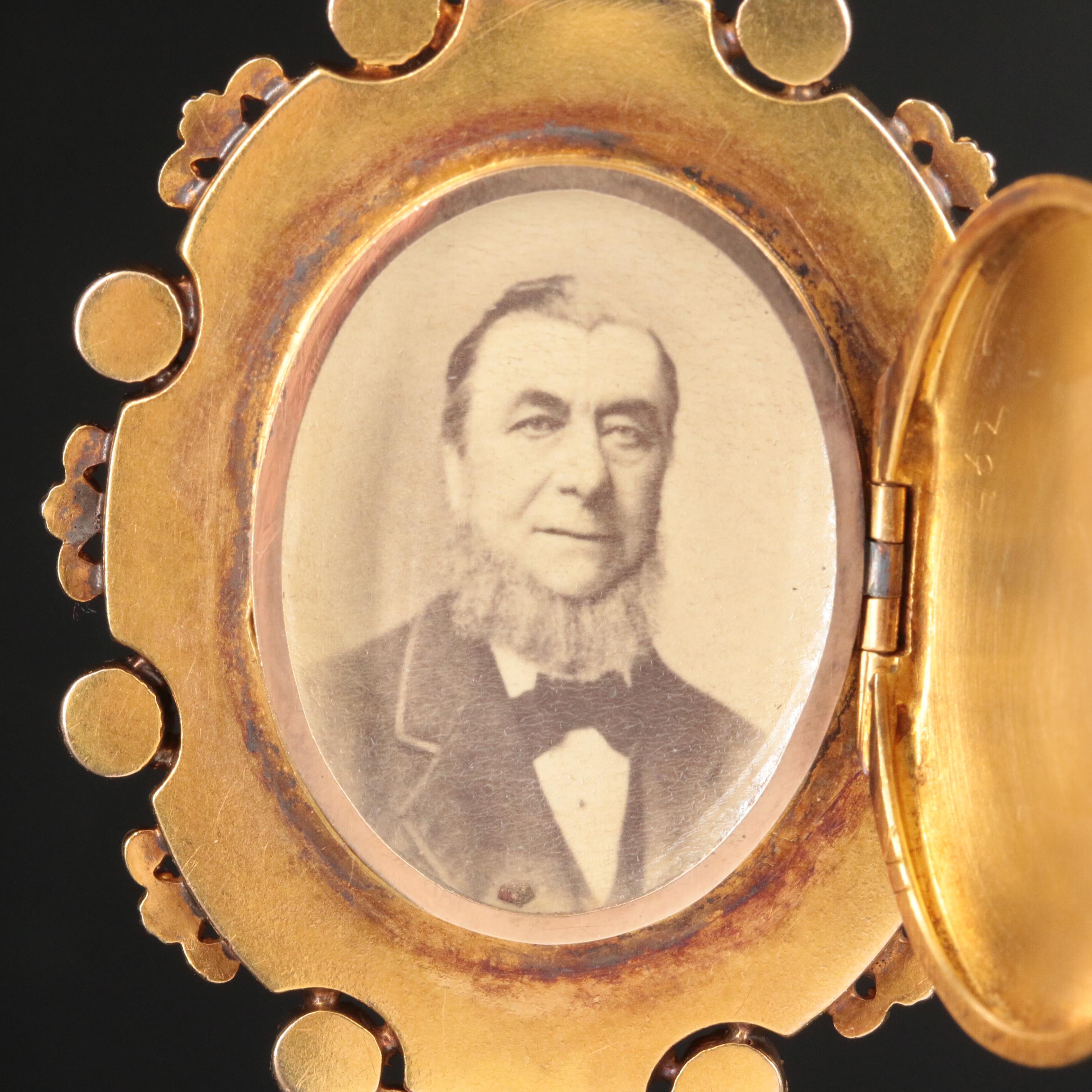 Mid-Victorian French 18K Gold Emerald, Seed Pearl and Enamel Portrait Locket