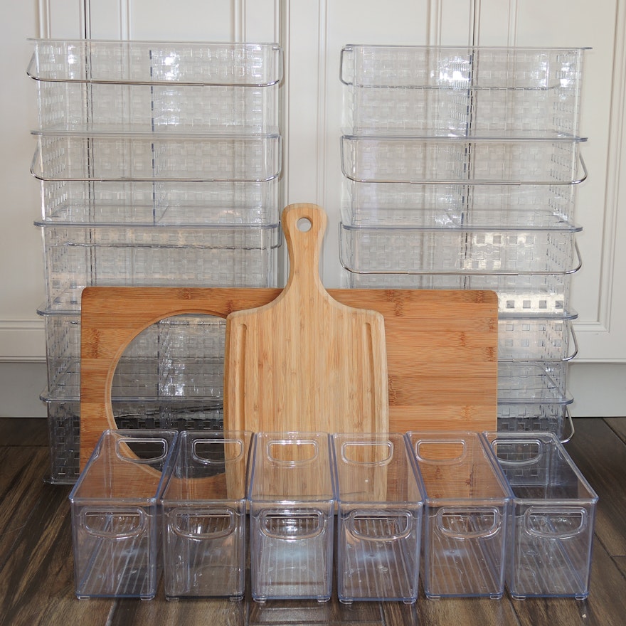 Plastic Handled Organizing Bins, Bamboo Cutting Board, and More