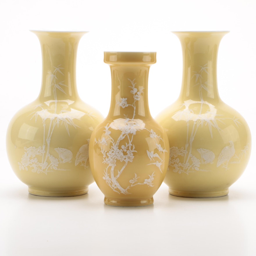 Chinese Yellow Pâte-sur-pâte Porcelain Baluster Vases, Late 20th Century
