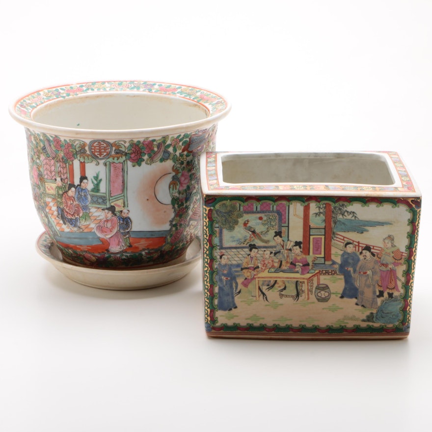 Chinese Rose Medallion Porcelain Planter and Cache Pot, Mid-20th Century