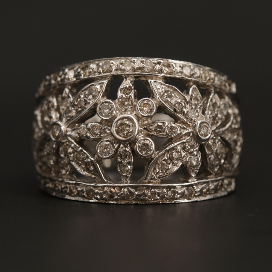 14K White Gold Diamond Floral Motif Ring