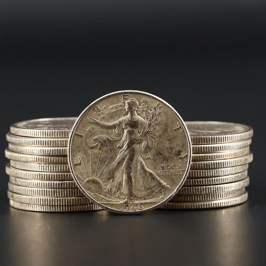 Twenty Walking Liberty Silver Half Dollars Ranging from 1935-1946