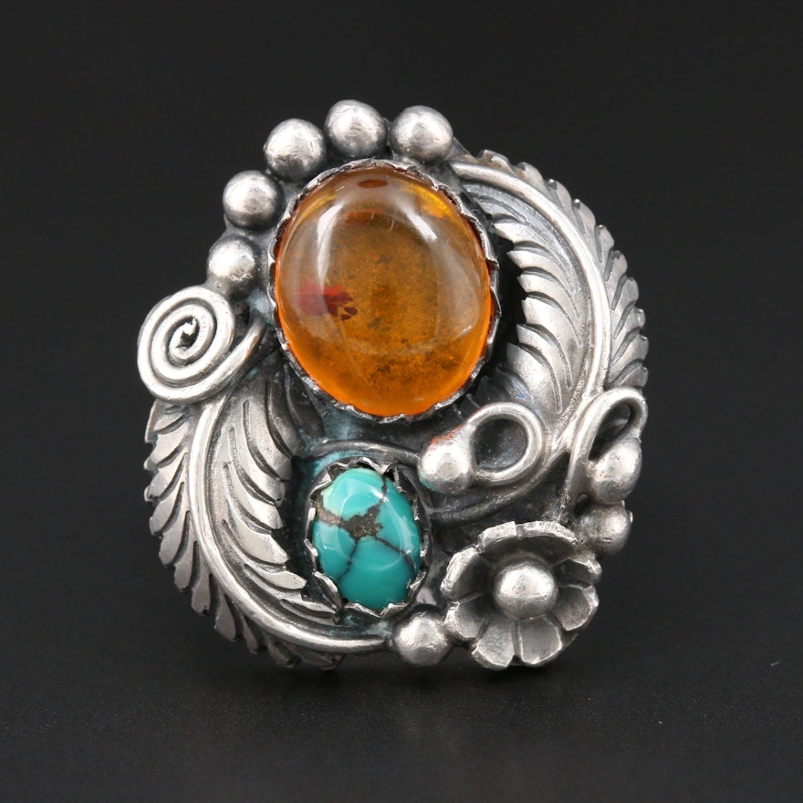 Southwestern Style Sterling Silver, Amber and Turquoise Ring with Floral Motif