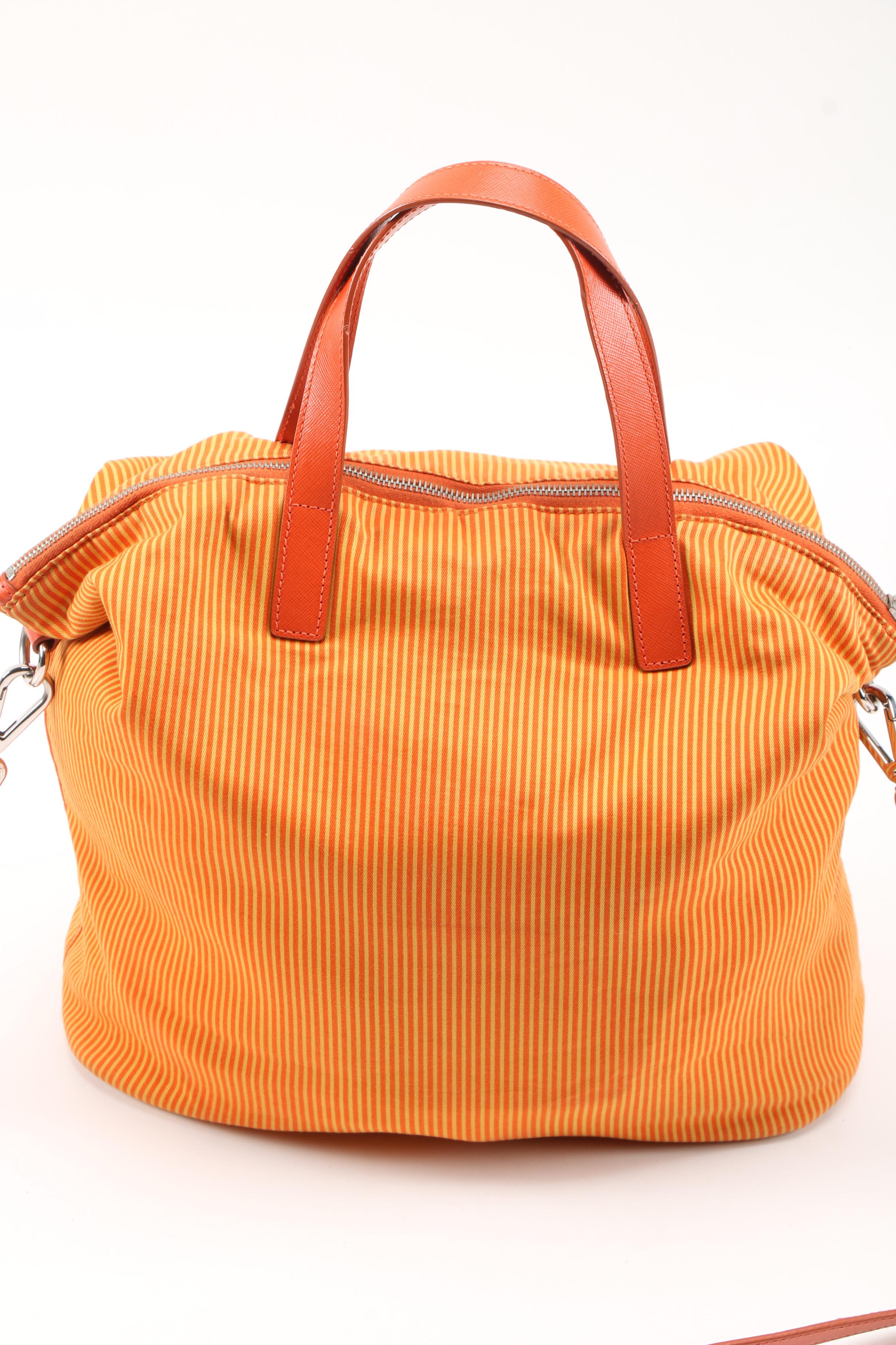Prada Tessuto Stampato Tote Sac in Orange Striped Cotton and Saffiano Leather