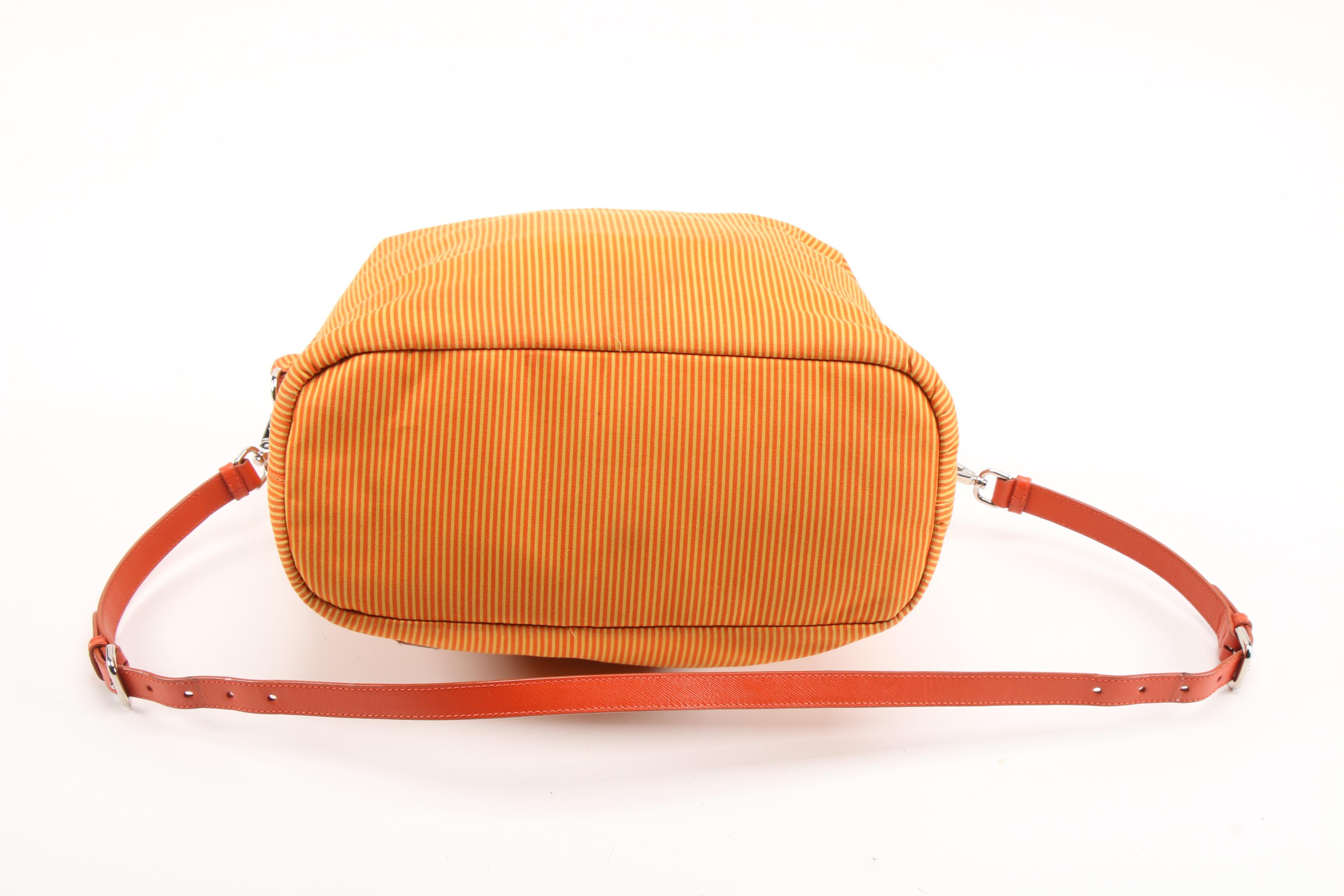 Prada Tessuto Stampato Tote Sac in Orange Striped Cotton and Saffiano Leather