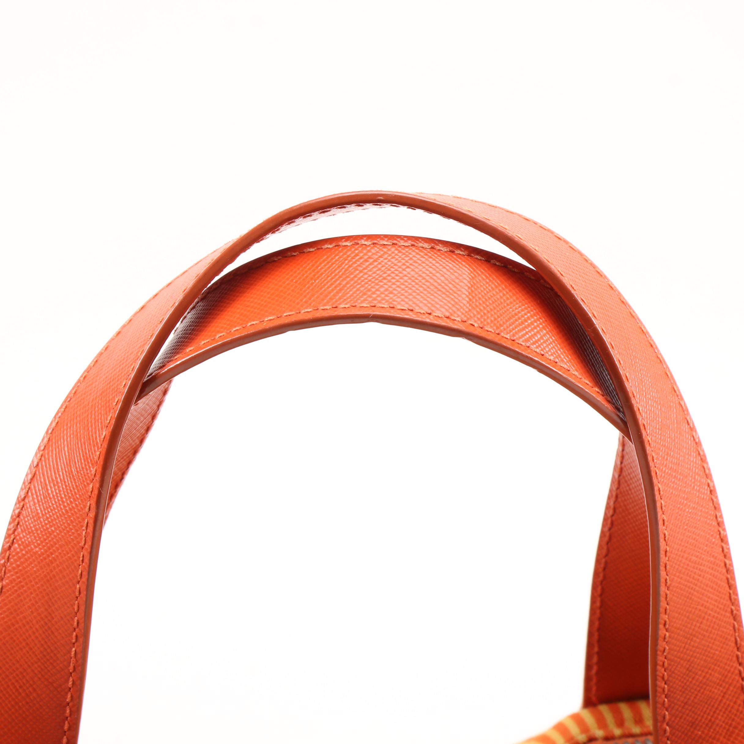 Prada Tessuto Stampato Tote Sac in Orange Striped Cotton and Saffiano Leather