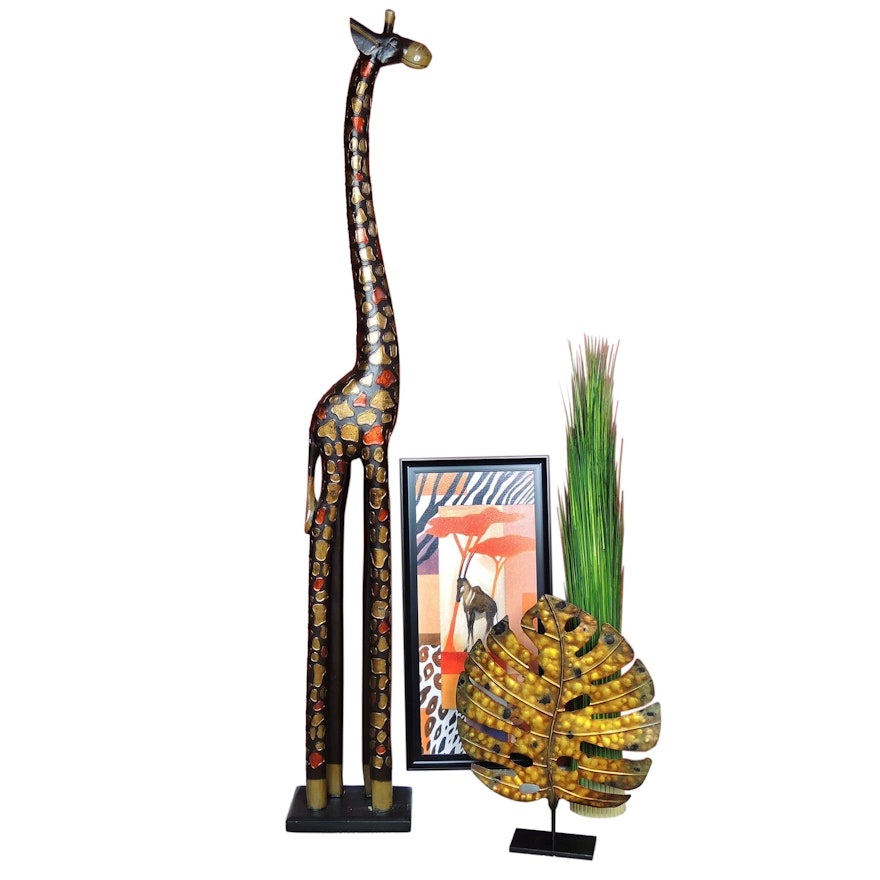 Alfred Gockel Offset Lithograph "Horse" with Giraffe and Metal Sculpture