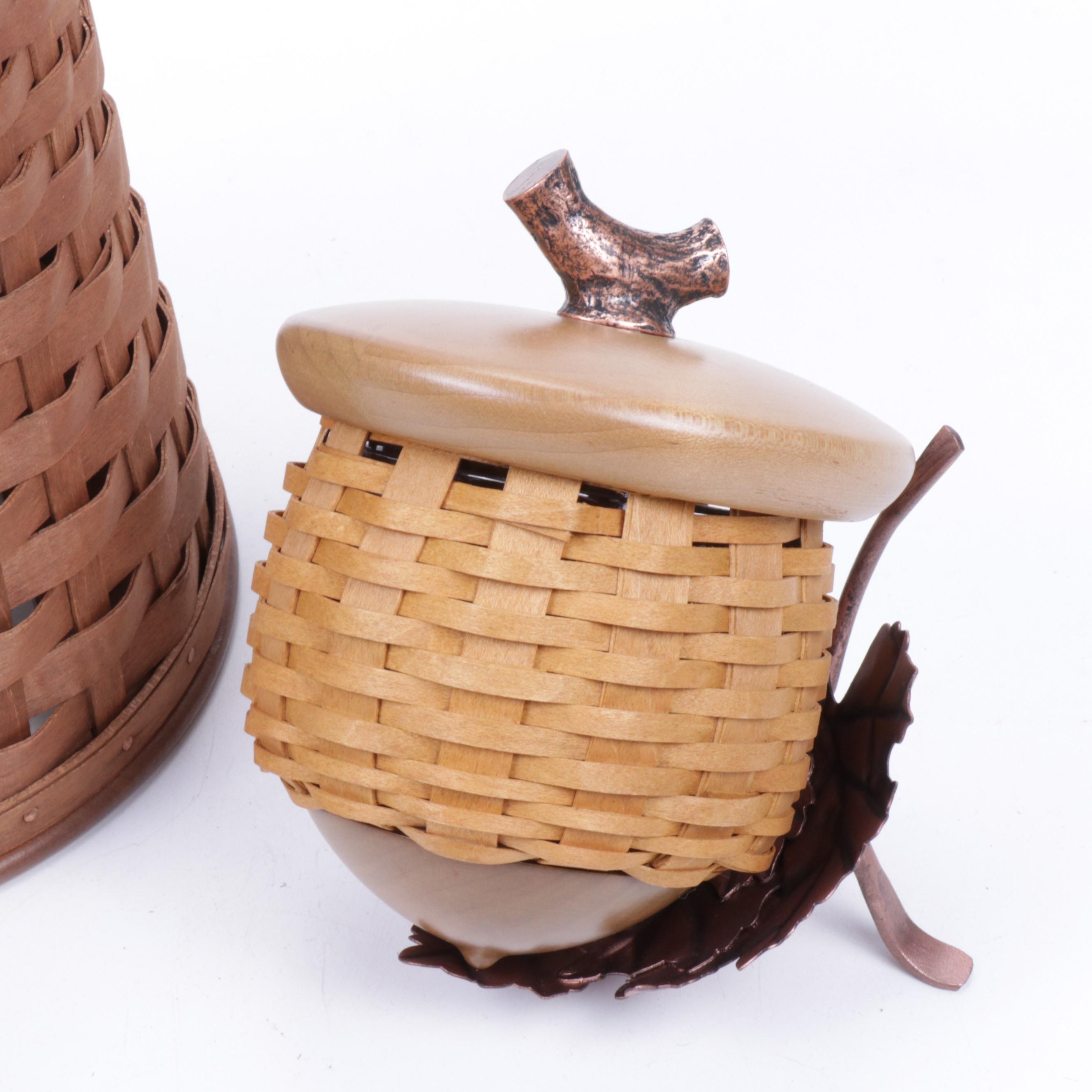 Longaberger Copper Accented Woven Basket Pitcher and Tilted Acorn