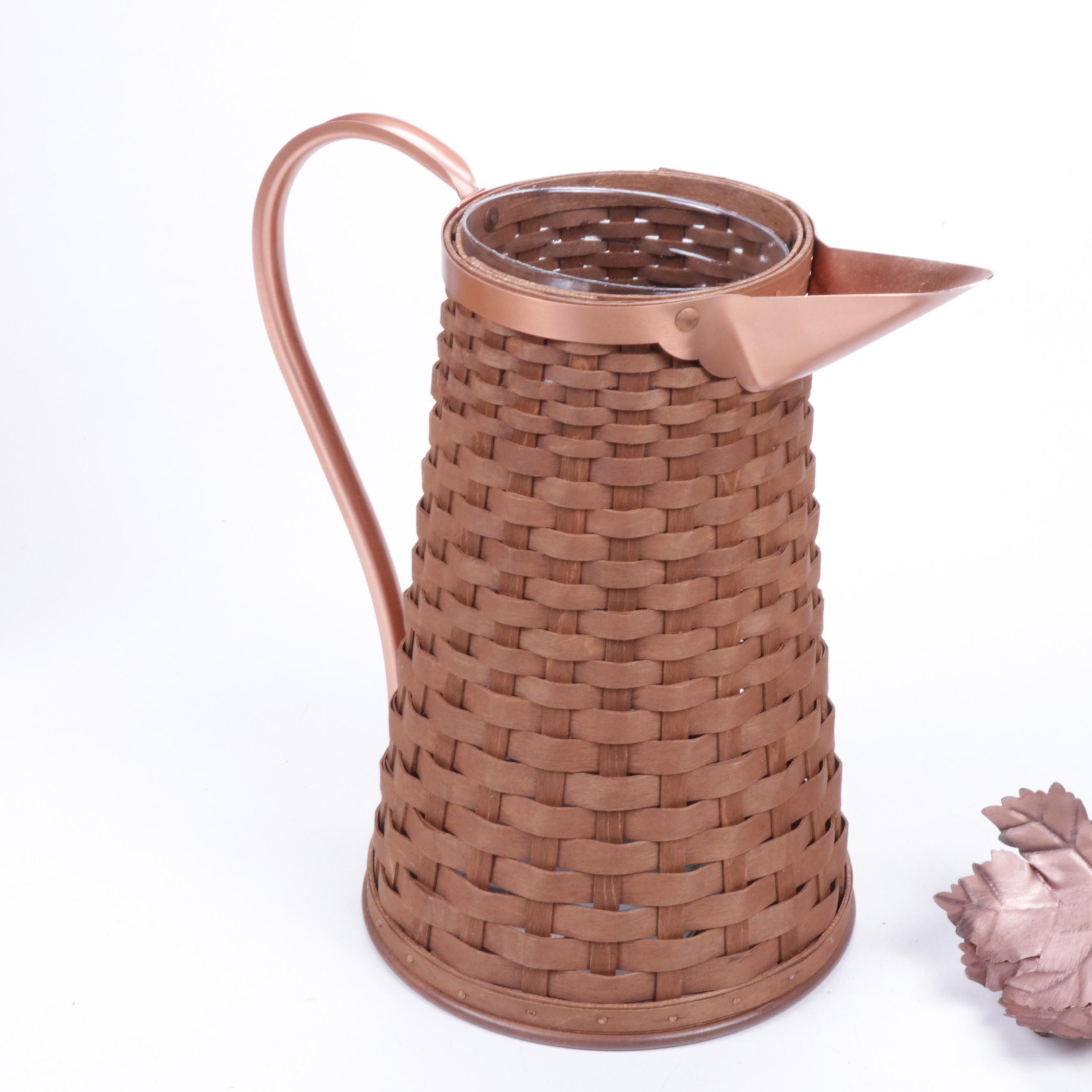 Longaberger Copper Accented Woven Basket Pitcher and Tilted Acorn