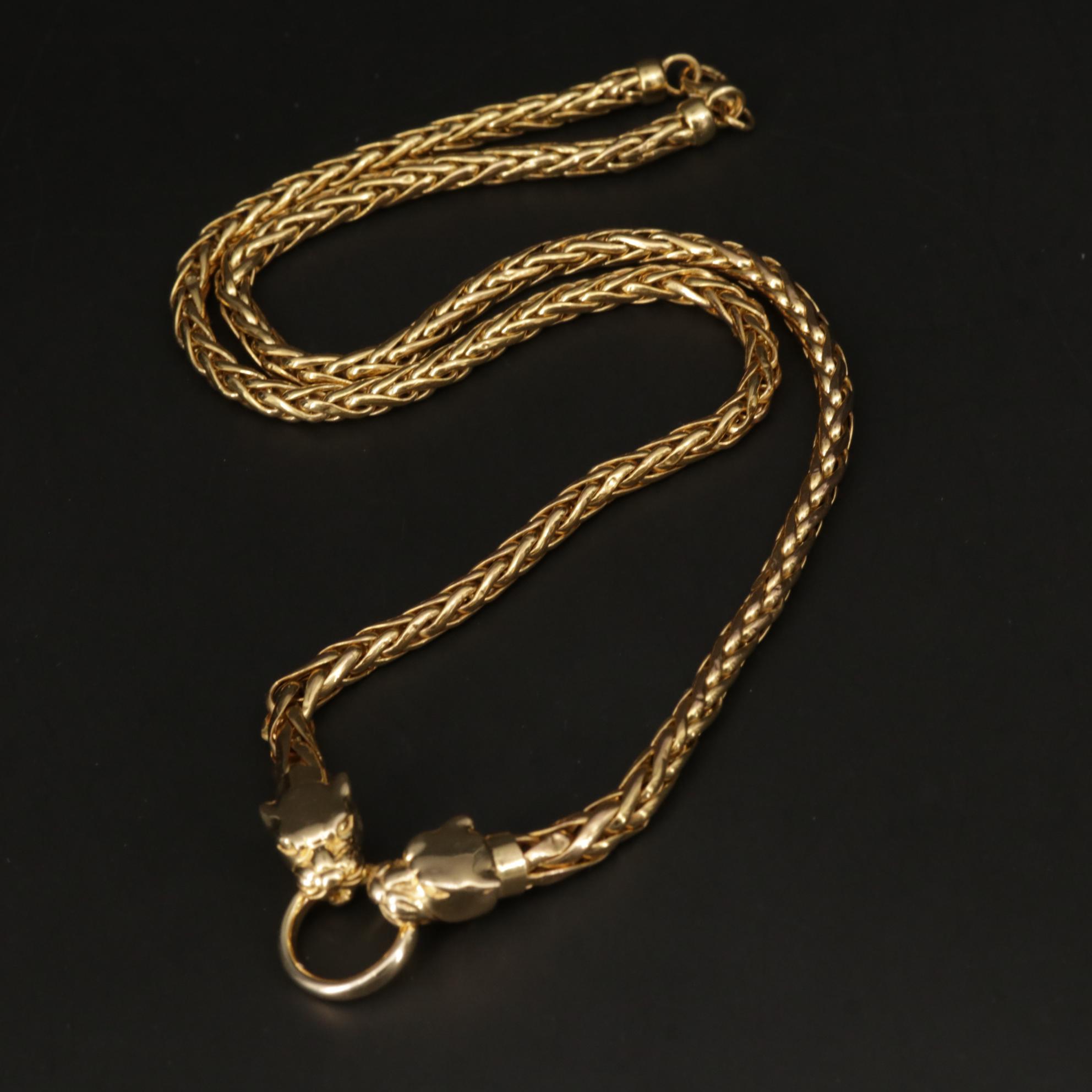 14K Yellow Gold Double Panther Head Espiga Chain Necklace