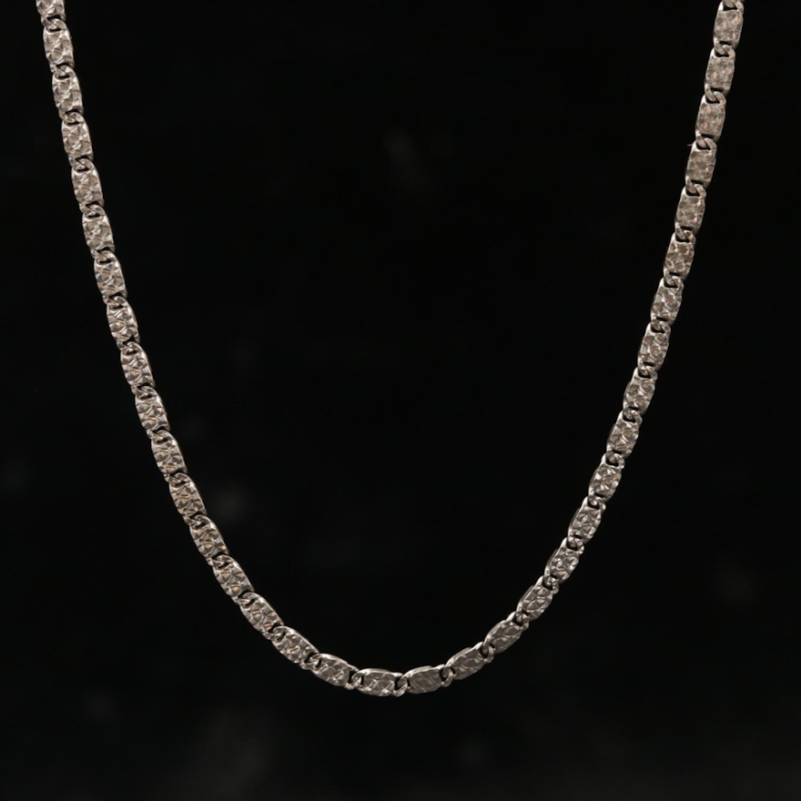 14K White Gold Textured Fancy Link Chain Necklace with 18K White Gold Clasp