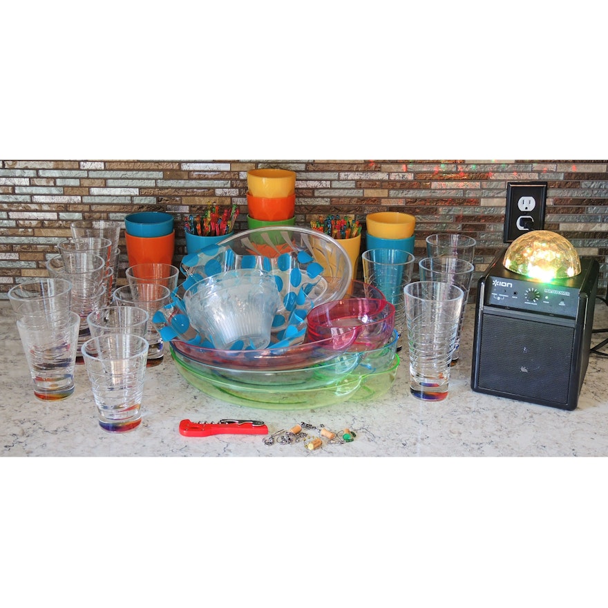 ION Party Power Speaker with Plastic Glasses, Serving Trays, and Stirrers