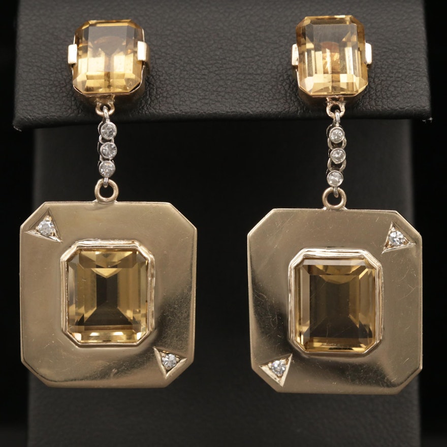 14K Yellow Gold Citrine and Diamond Drop Earrings with Palladium Accents