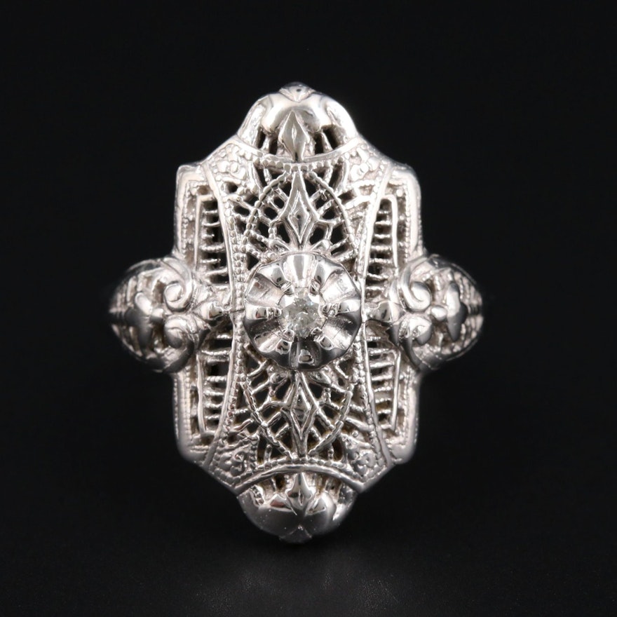 Vintage 10K White Gold Diamond Openwork Ring