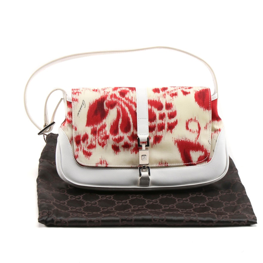 Gucci Piston Lock Shoulder Bag in Printed Canvas and White Leather