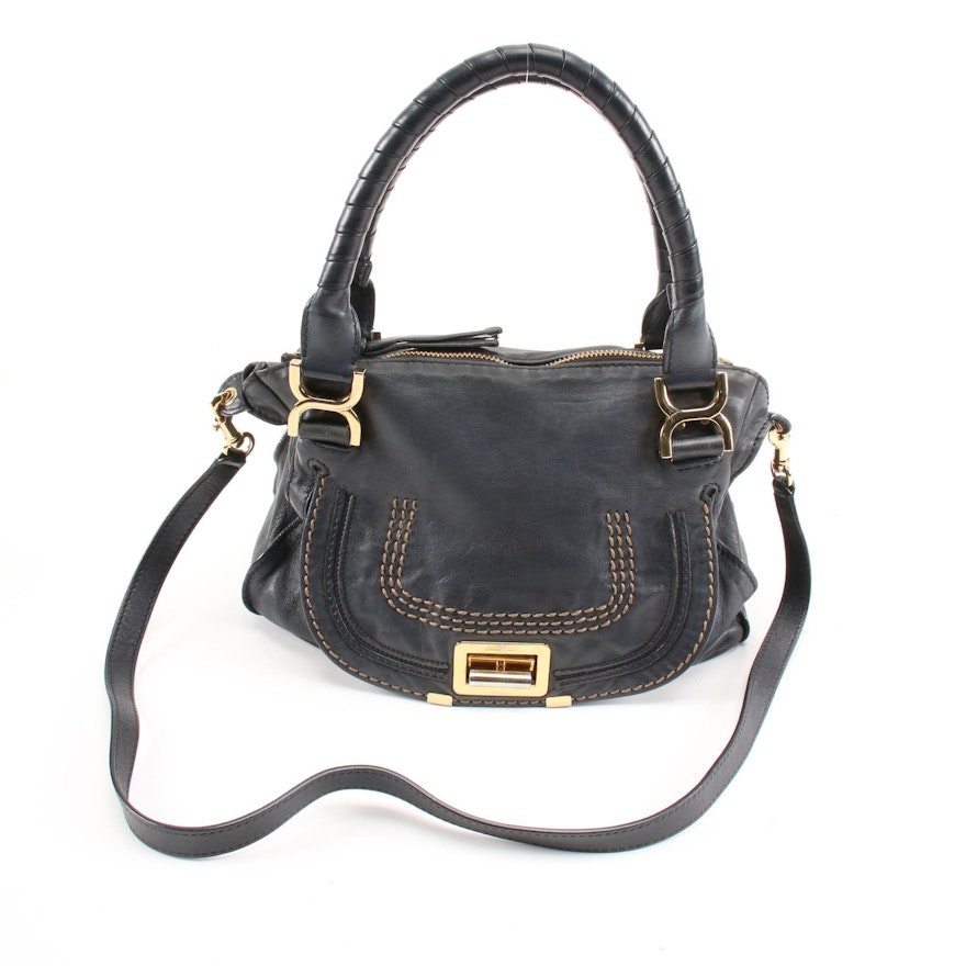 Chloé Medium Marcie Turn-Lock Satchel in Navy Blue Leather