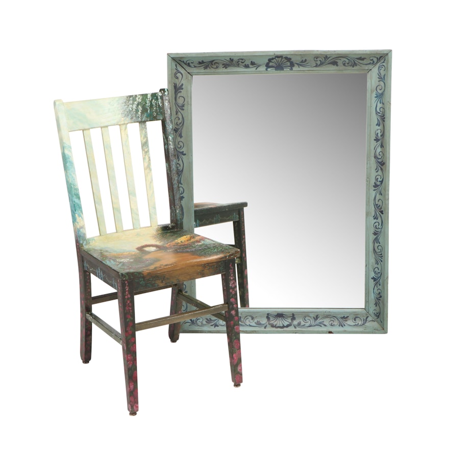 Hand Painted Acrylic Side Chair and Decorative Wall Mirror