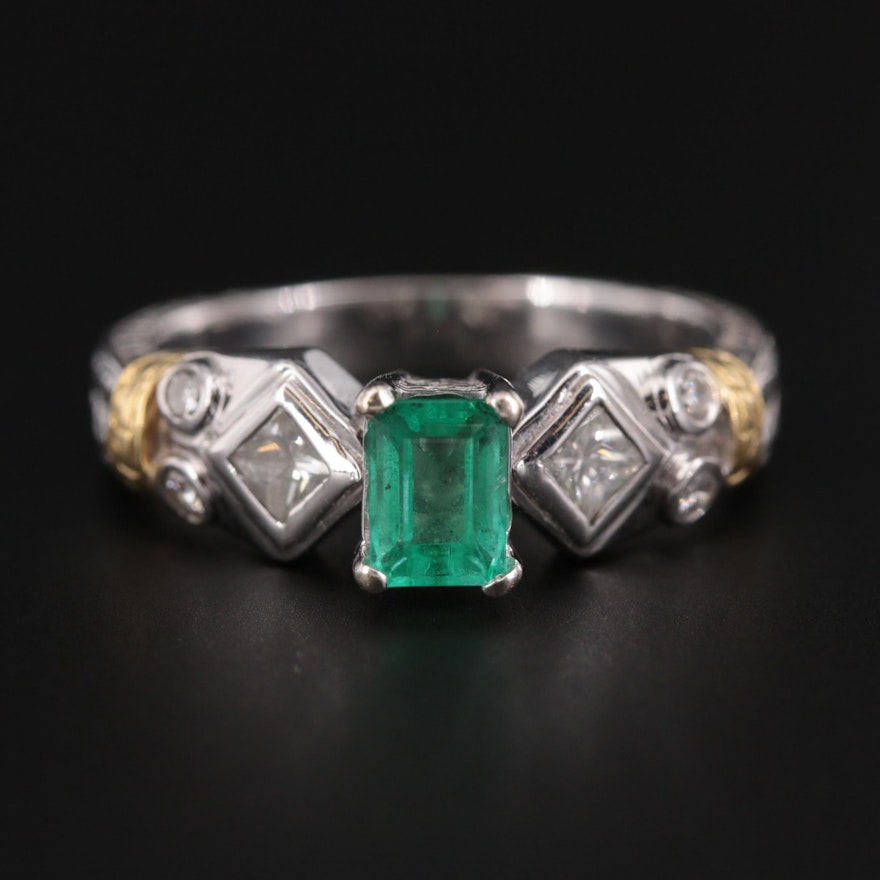 18K White Gold Emerald and Diamond Ring with Yellow Gold Accent