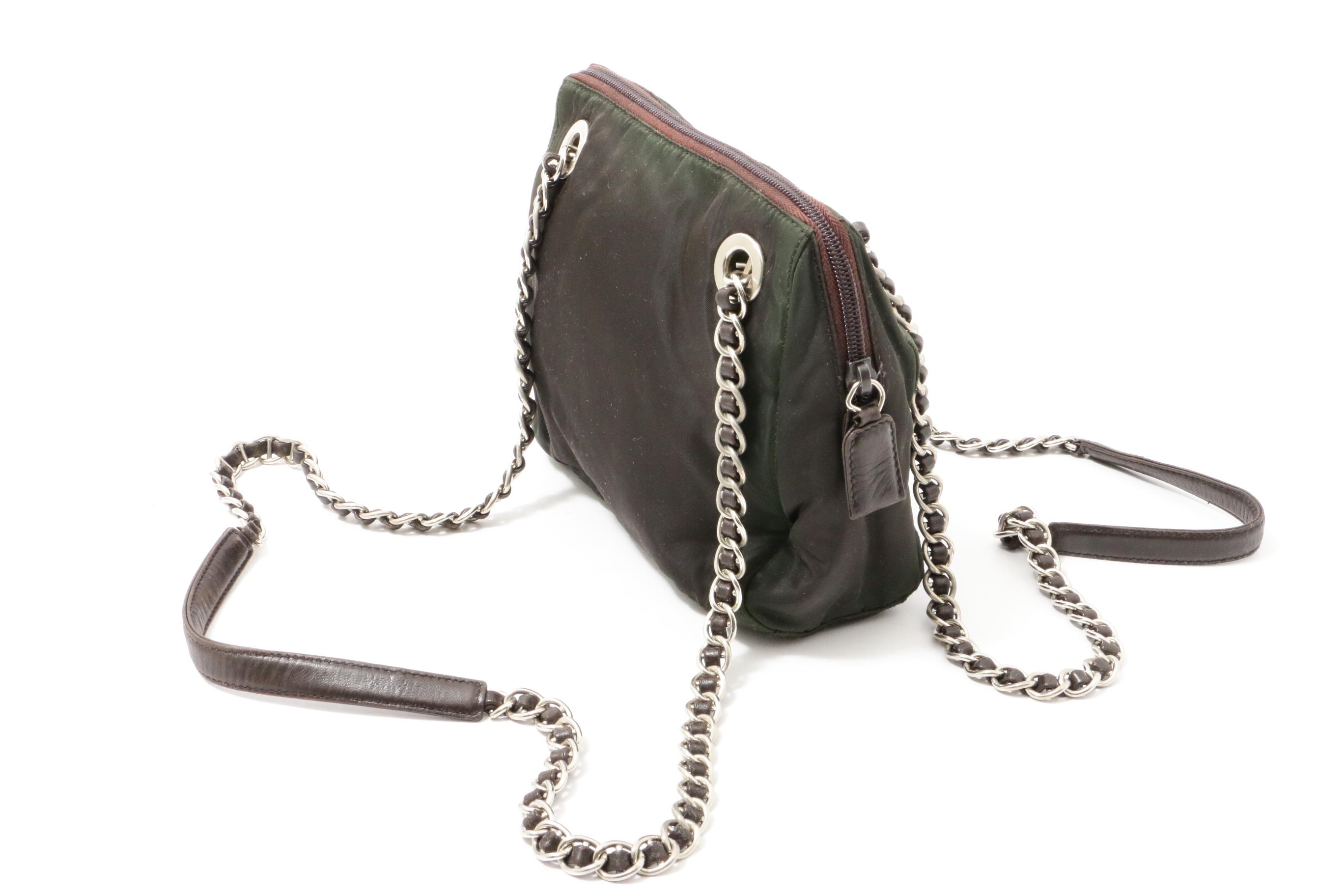 Prada Ebano Tessuto Acciaio Nylon Chain Strap Shoulder Bag