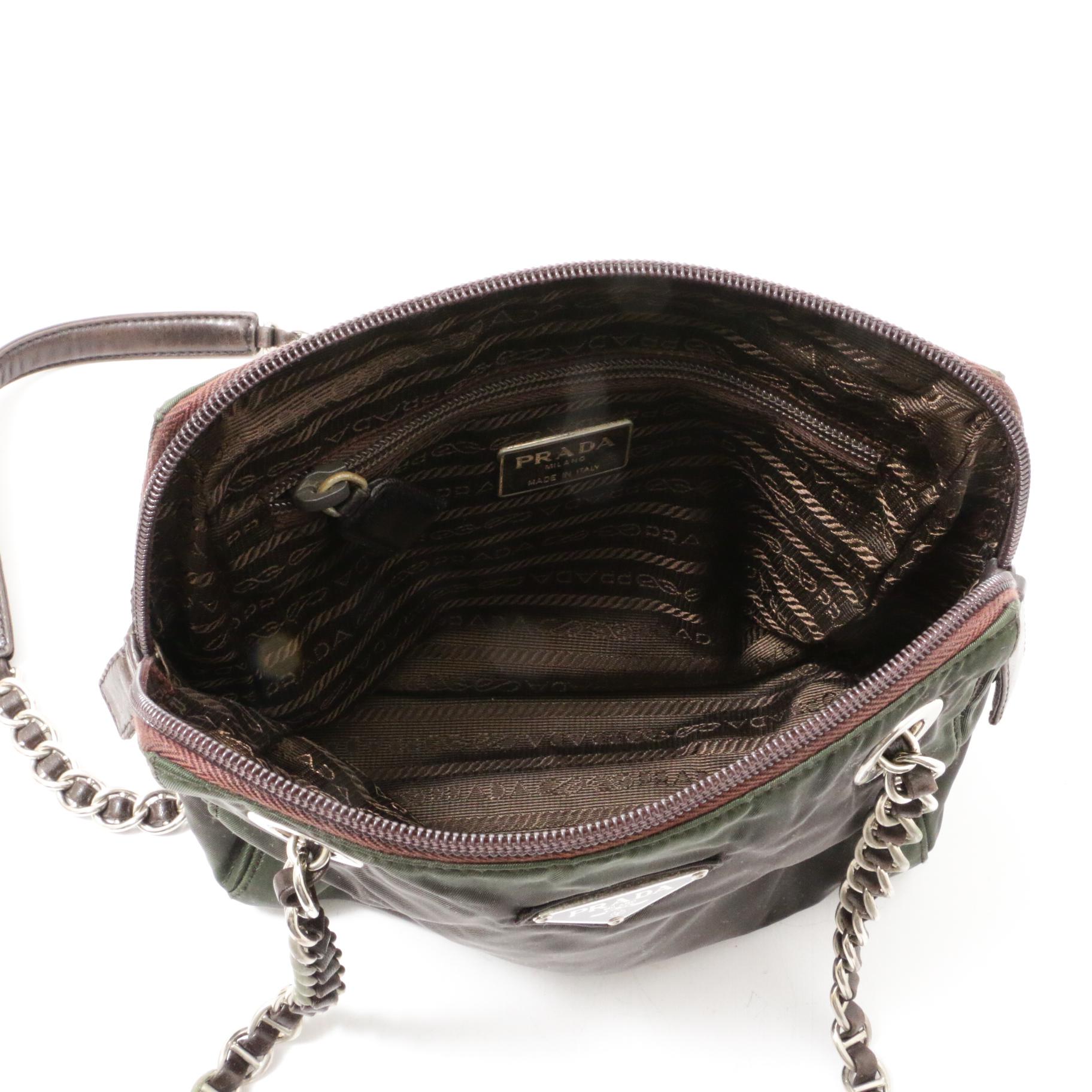 Prada Ebano Tessuto Acciaio Nylon Chain Strap Shoulder Bag