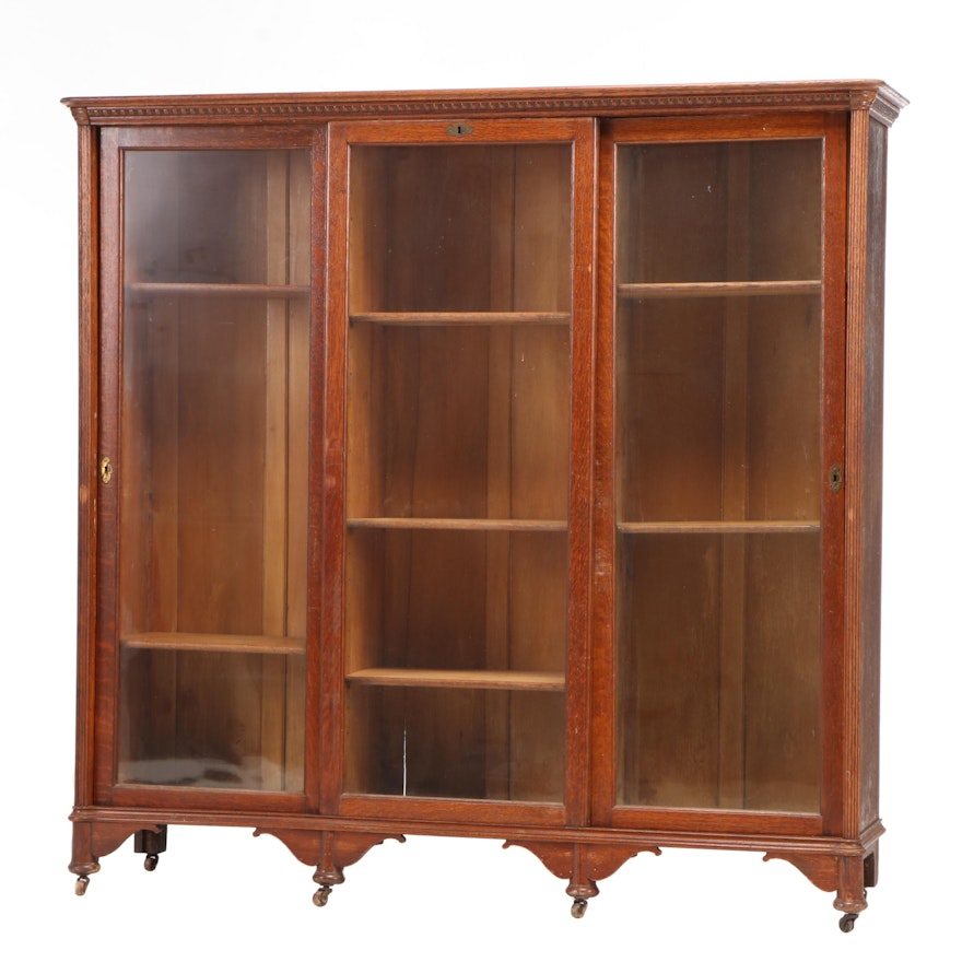 Late Victorian Oak Sliding Triple-Door Bookcase, Late 19th/Early 20th Century