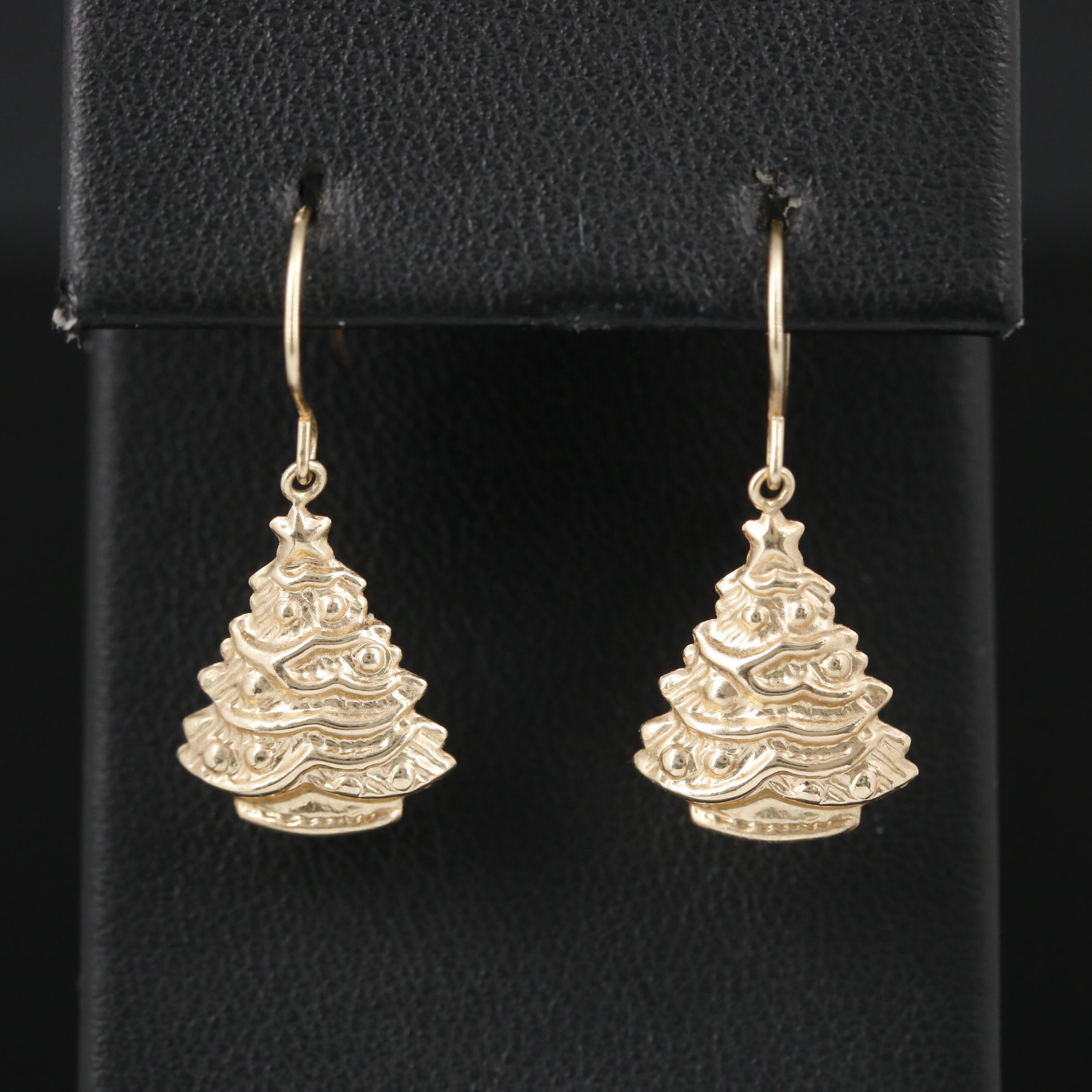 14K Yellow Gold Christmas Tree Earrings