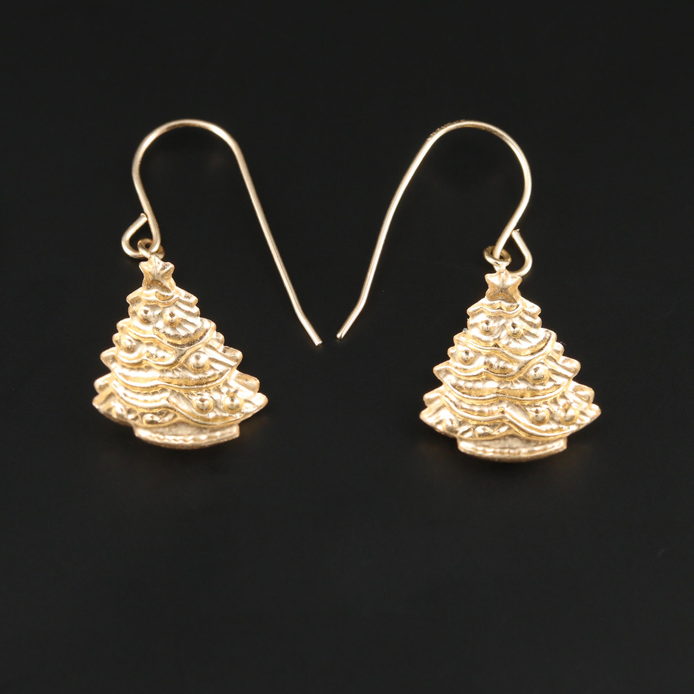 14K Yellow Gold Christmas Tree Earrings