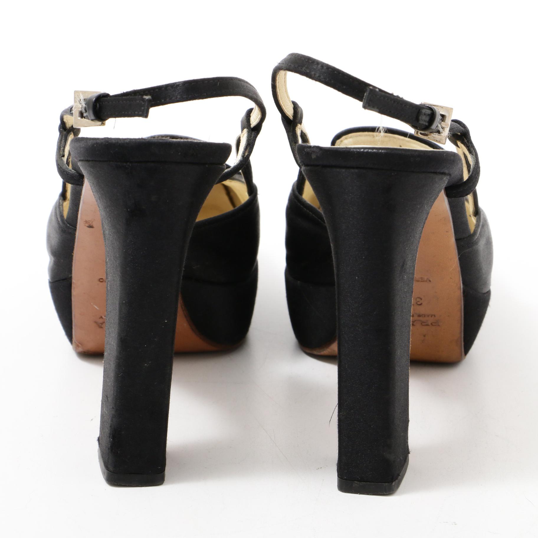 Prada Black Satin Platform Block Heel Loafer Sandals