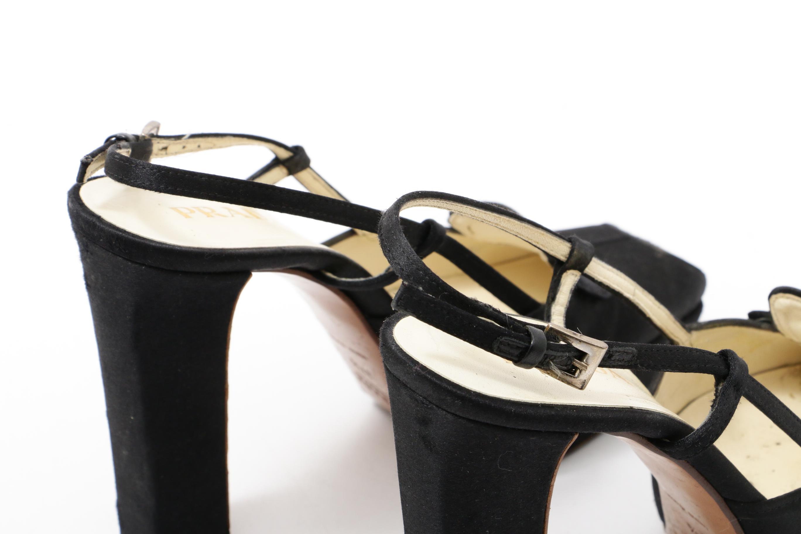 Prada Black Satin Platform Block Heel Loafer Sandals
